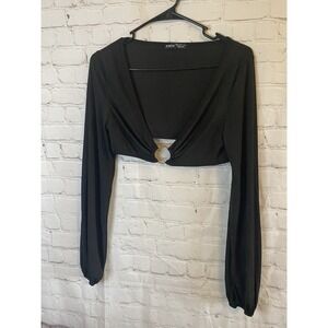 Women's Black Long Sleeve V Neck Cropped top, Size Large